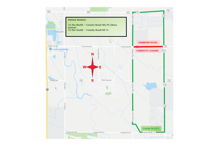 COMPLETE CLOSURE OF HARMONY ROAD – East of Latham Pkwy. to WCR 15