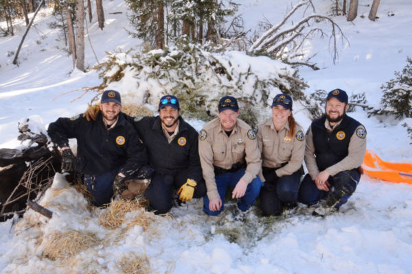 After packing four orphan bear cubs in an artificial den behind a wall of straw, hay and alfalfa, Colorado Parks and Wildlife officers relax for a moment before hiking out to their trucks. From left: Cody Wigner, assistant area wildlife manager, and district wildlife managers Phil Gurule, Aaron Berscheid, Sarah Watson and Tim Kroening.
